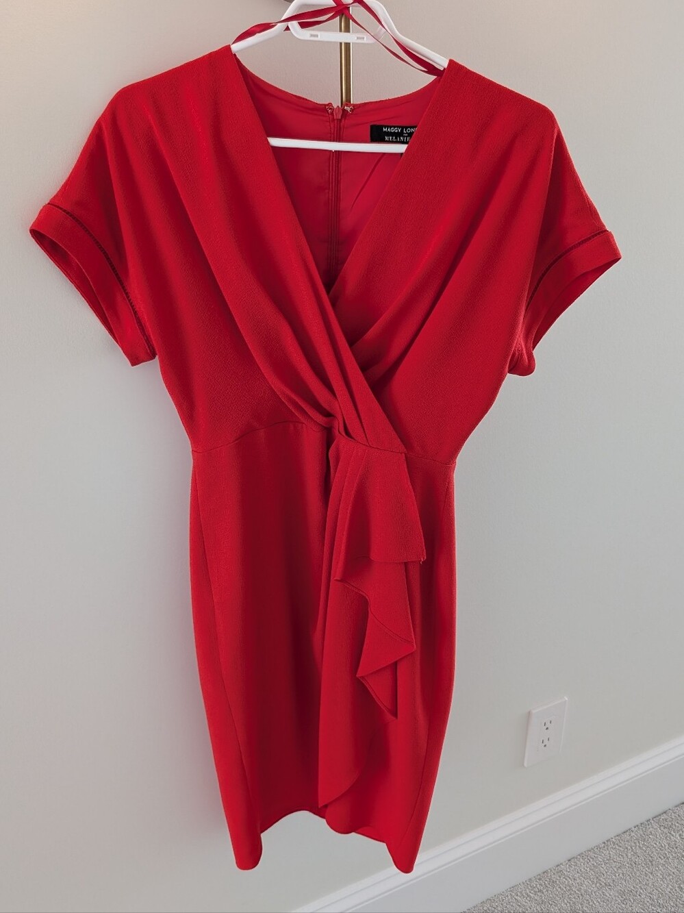 Maggy London Crimson Red Ruffle-Front Midi Dress